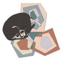 Illustration of sculpture showing a dog curled up alongside stones.