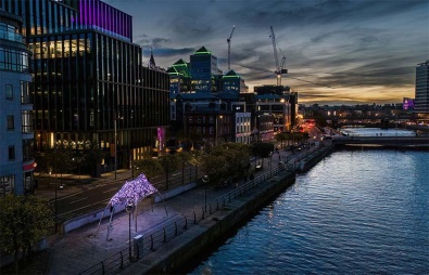 Alva Gallagher Pulse Dublin Docklands 2023 Photo by Cinematic Sky Drone shot from above at night of sculpture beside the river Liffy