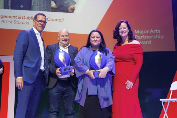 Winners of the Business to Arts Major Arts Partnership Award in the National Concert Hall.   Stardust Survivor Jim Fitzpatrick, and Arts Officer Kelly Hickey of Dublin City Council Arts Office both accepting the Major Arts Partnership Award for Artane Artist Studios.From left to right:  Myles Clarke, Chair of the Business to Arts Board and Managing Director of CBRE Ireland, Stardust Survivor Jim Fitzpatrick, Arts Officer Kelly Hickey and Business to Arts Chief Executive: Louise O'Reilly